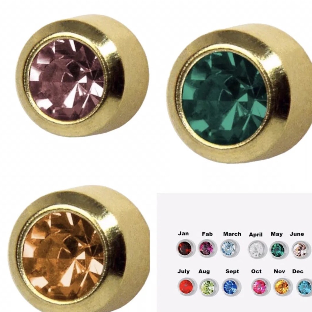 New 3 Pairs Variety Pack Ear Piercing Studs Birthstone 24 Kt Gold Plated 2mm